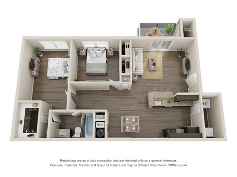 A 3D floor plan of a small apartment with two bedrooms, a living room, and a kitchen.